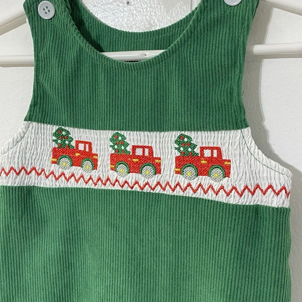 Christmas Ribbed Green Romper 6-9 mo Truck Tree Embroidered Smocked Overalls